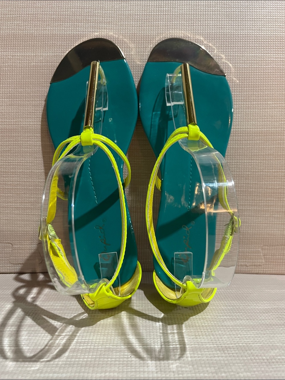 Qupid Neon Yellow and Teal Strappy Flat Sandals - Picture 4 of 8